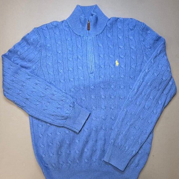 Polo Ralph Lauren Men's Blue Cable Knit Quarter Zip Pullover Sweater Size Large - Picture 1 of 7